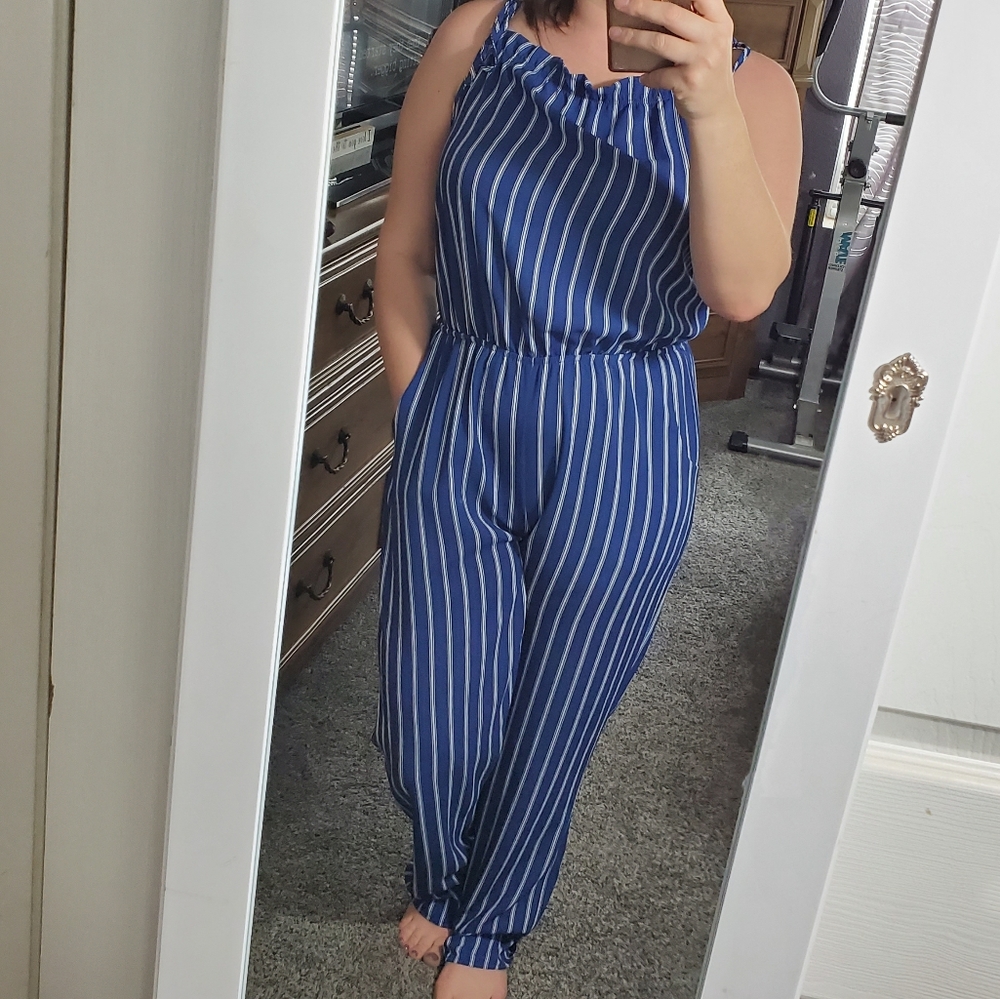 Blue and cream Jumpsuit with pockets